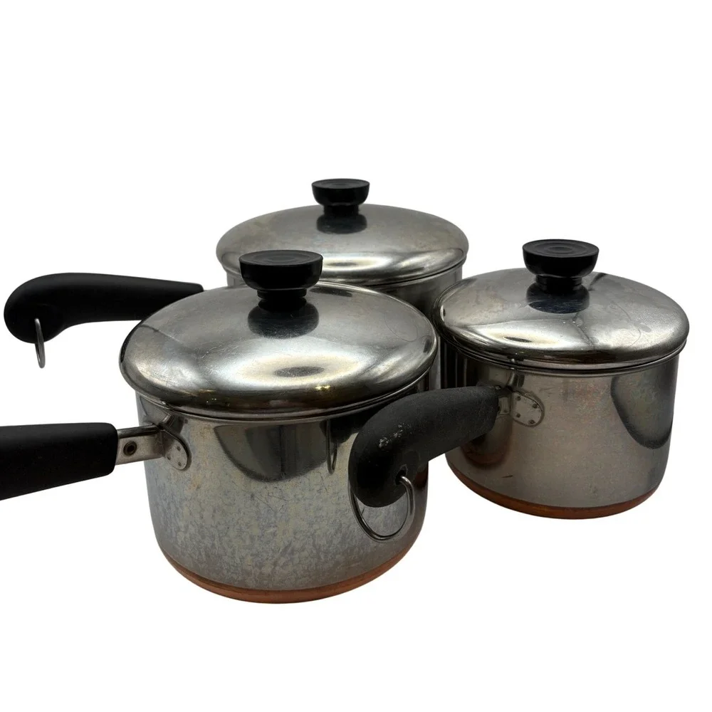 Vtg Revere Ware 1801 Copper Clad 3pc Saucepan‎ Set Lids 1.5 2 3 Qt USA Lids